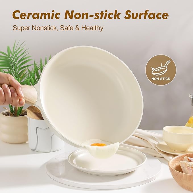SENSARTE Ceramic Nonstick Frying Pan Skillet with Lid, 9.5inch Non Stick Pan Omelet Pans, Non-toxic Kitchen Cooking Chef's Pan, Free of Intentionally Added PFAS/PTFE/PFOA, Induction Compatible, White