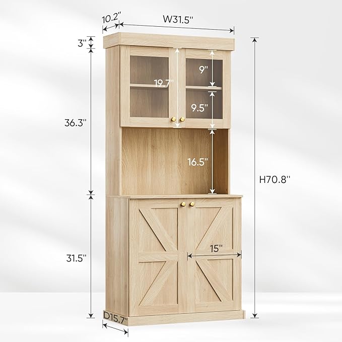 71" Tall Farmhouse Kitchen Pantry, Large Storage Cabinet with Glass Doors, Freestanding Coffee Bar Hutch with Microwave Stand, Adjustable Shelves for Kitchen, Living Room, Brown 3 Pcs