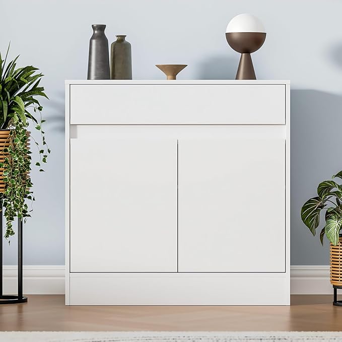 Buffet Cabinet with 2 Doors and Drawer, Coffee Bar Cabinet with Adjustable Shelf, Modern Kitchen Buffet Sideboard for Living Room, Kitchen, White