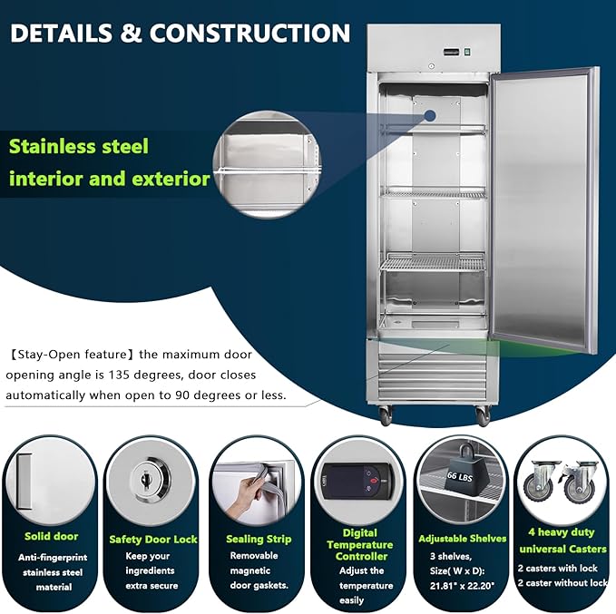 27”W Commercial Freezer Reach-in 18.68 Cu.Ft Single Solid Door, Stainless Steel Interior and Exterior Construction, Commercial Freezer Upright Fan Cooling Freezer for Restuarant, Bar, Shop and etc
