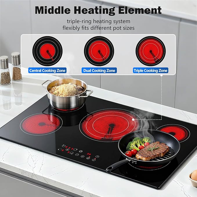 SNDOAS 36 inch Electric Cooktop,5 Burners 9000W Built-in Glass Ceramic Electric Stove Top w/Touch Control,9 Power Levels,Child Lock,Triple-Ring Zone,240V Hardwired for Kitchen Countertop 36"