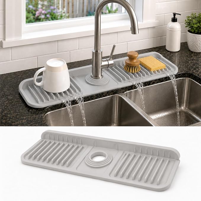 17" Silicone Faucet Handle Drip Catcher Tray, 7° Sloped Self Draining Mat by Unknown