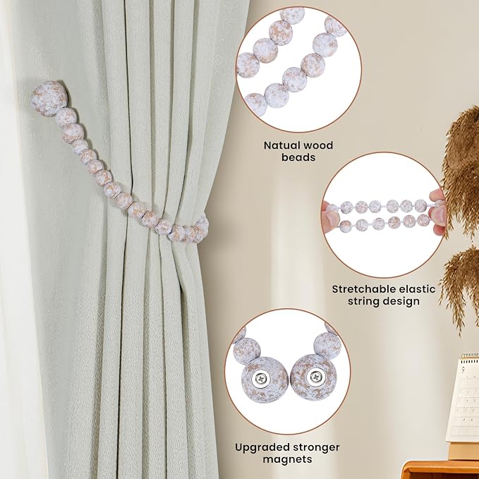 KLOGTSIND Magnetic Curtain Tiebacks, 6 Pack Wood Bead Curtain Holdbacks - Image 5