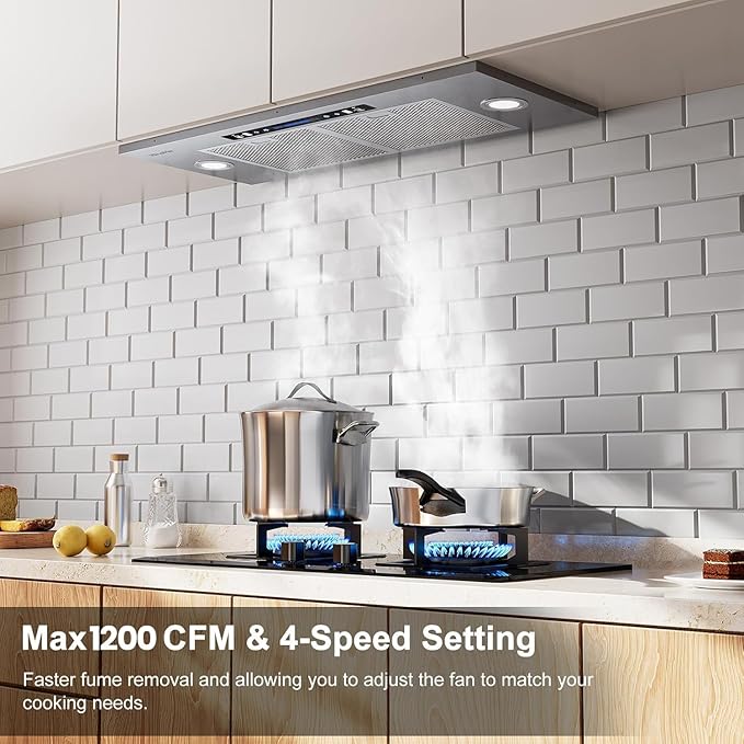 HisoHu 30 Inch Insert Range Hood, 1200 CFM with Ducted Convertible Ductless (Kit Included), 4 Speed Gesture Sensing&Touch Control Panel, Stainless Steel Kitchen Vent