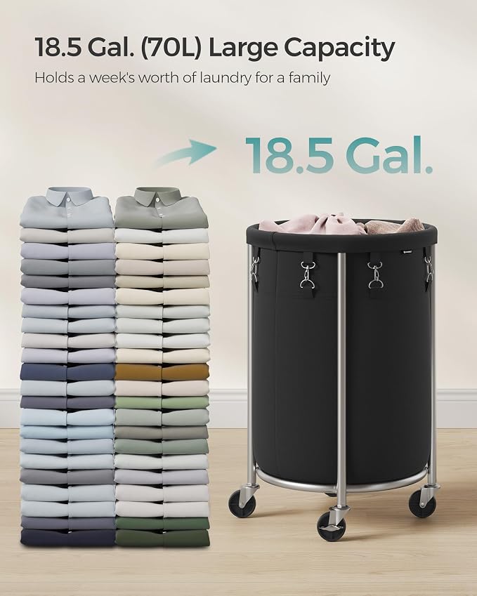 SONGMICS Laundry Basket with Wheels, 18.5 Gal., Steel Frame, Removable Bag - Image 3