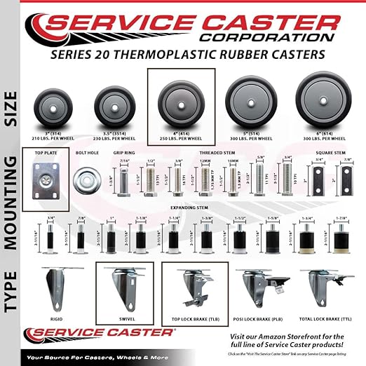 Service Caster Brand Replacement Caster for Uline Caster H-7446SWB-Stainless Steel Swivel Top Plate Caster with 4 Inch Thermoplastic Rubber Wheel and Top Lock Brake-Fit Carts and Platform Truck H-7490