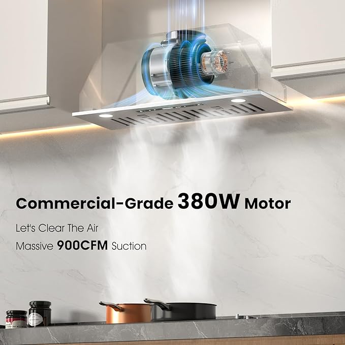30 inch Range Hood Insert, 900 CFM Kitchen Vent Hood with Full Copper Motor, Triple Smart Controls, Tunable LED Lighting, Included Charcoal Filters & Duct Pipe