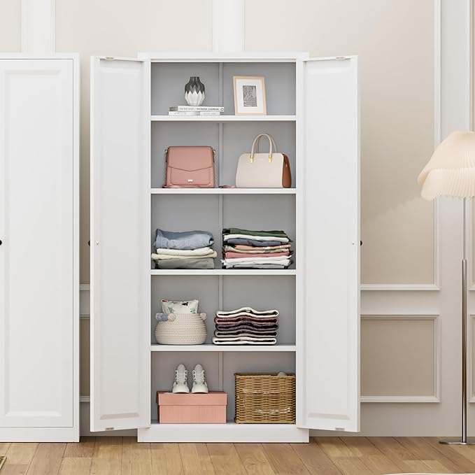 Greenvelly Metal Cabinet, 63" H White Metal Storage Cabinet with Doors and 4 Shelves, Pantry Storage Cabinet for Kitchen, Bedroom, Living Room, Office (Modern)