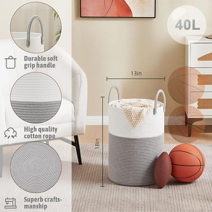 Artfeel Laundry Basket, Woven Cotton Rope Laundry Hamper, 40L - Image 6