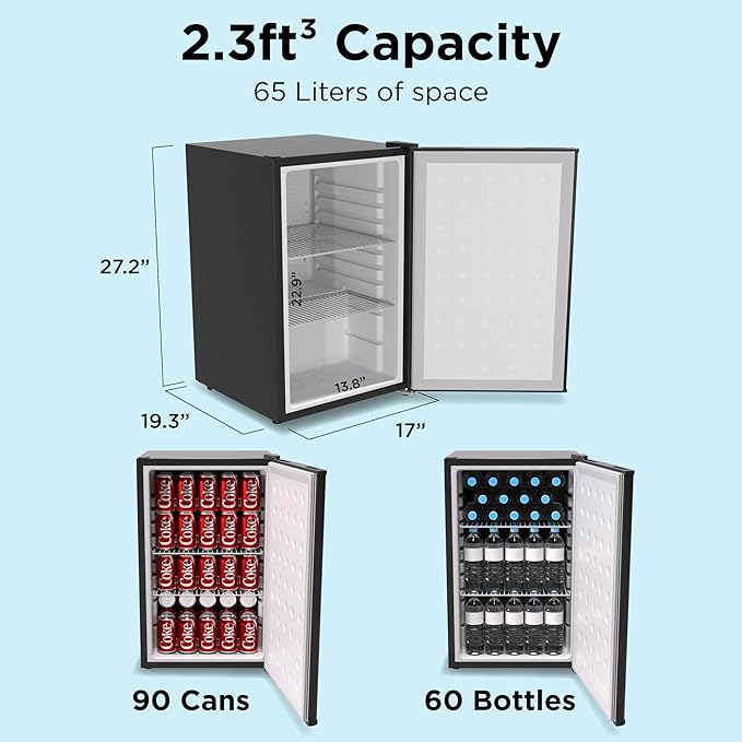 Premium Black Mini Fridge, 65L Undercounter Refrigerators, 90 Can Capacity, 2.3 Cu.ft. Freestanding Drink Fridge with Solid Door, Compact refrigerator with Reversible Door