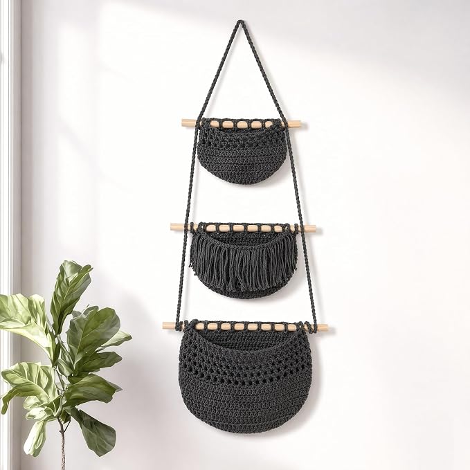 Macrame 3-Tier Hanging Wall Basket, Handwoven Jute Storage Organizer, Boho Decor by GLDFI