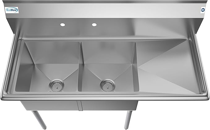 KoolMore - SB151512-15R3 2 Compartment Stainless Steel NSF Commercial Kitchen Prep & Utility Sink with Drainboard - Bowl Size 15" x 15" x 12", Silver