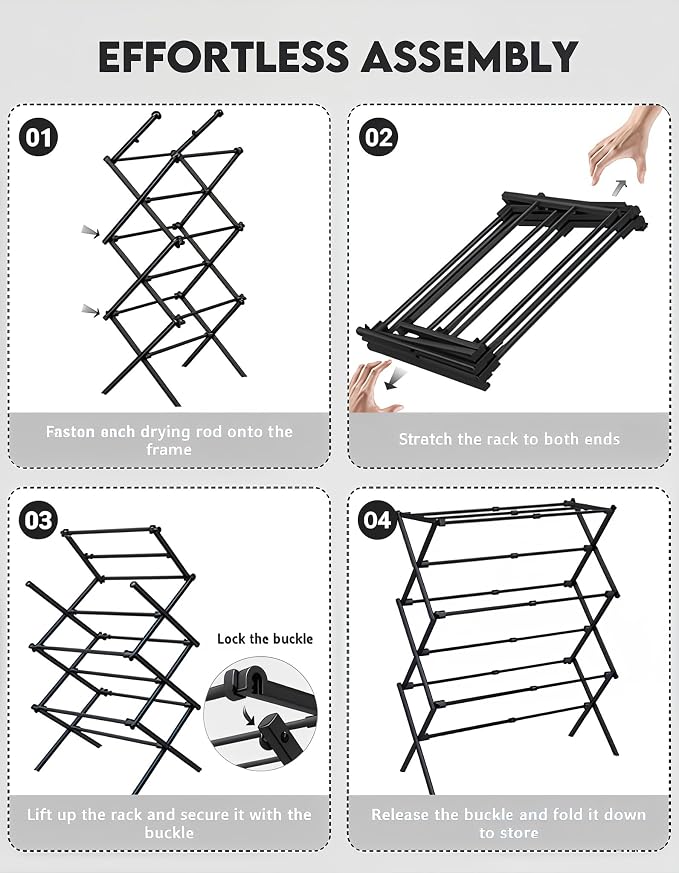 3-Tier Metal Folding Clothes Drying Rack, Laundry Drying Rack Clothing | - Image 7