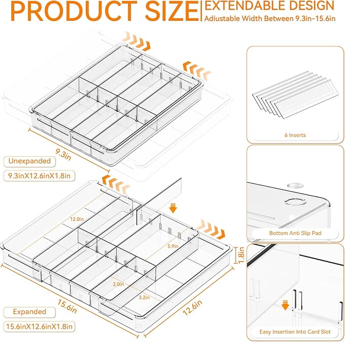 Yieach Expandable Desk Drawer Organizer Tray, 1.8 Inch High Junk Drawer - Image 3