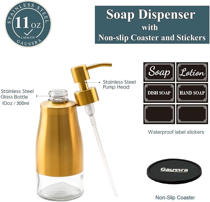 Gaussra Gold Soap Dispenser - 11 OZ / 320 ML | Brushed Gold Stainless Steel - Image 3