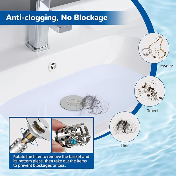 Hibbent 2 PCS Upgraded 3 in 1 Bathroom Sink Drain Strainer, Pop Up Stopper | - Image 2
