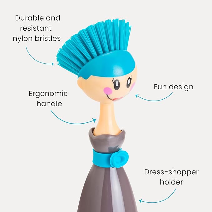 Vigar Dolls Dish Brush with Handle and Holder, Kitchen Scrub Brush, Dishwashing - Image 3