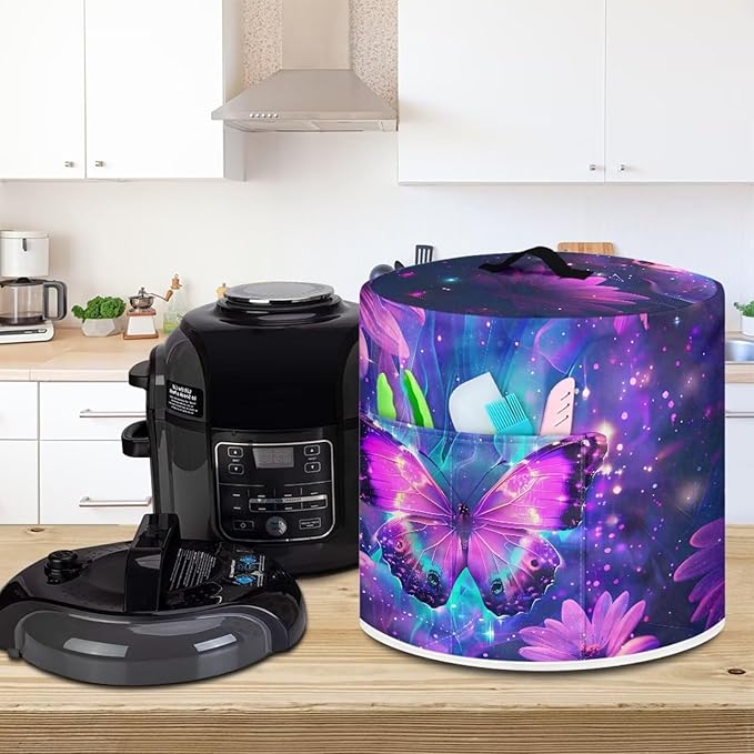 Dust-proof Kitchen Appliance Protector Cover 3 Quart Pressure Cooker/Air Fryer/Rice Cooker Cover with Top Handle and Storage Pocket Purple Flowers Print Home Kitchen Decorations
