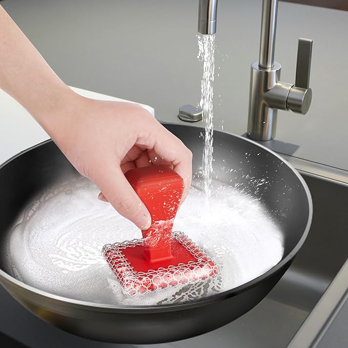 TOPULORS Cast Iron Scrubber Cleaner & 316L Stainless Steel Chainmail Scrubber with 2 Scrapers, Ergonomic Silicone Handle Brush for Pans Skillets Grills Dishes Cleaning - Non-Scratch Rust-Proof - Red