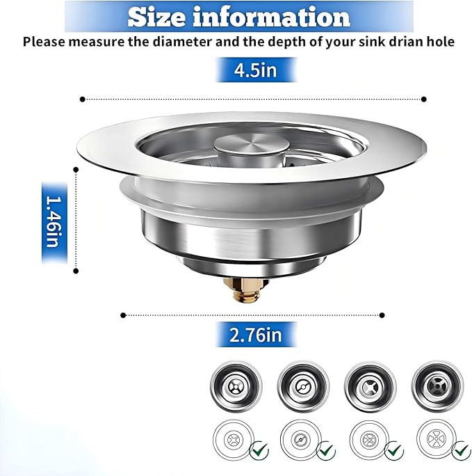 2Count 3-in-1 Kitchen Sink Drain Strainer & Stopper - SUS 304 Stainless Steel Pop Up Plug with Anti-Clog Basket & Odor Prevention, Fits US Standard 3-1/2'' Drain Hole
