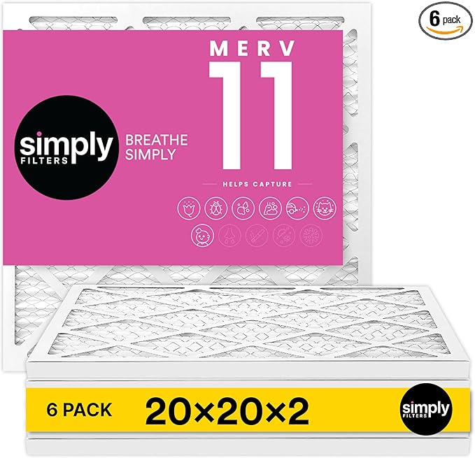 Simply 20x20x2 Air Filter, MERV 11, 6 Pack, Furnace Air Filter for HVAC (Actual Size: 19.5"x19.5"x0.75") DUST, Pet & Allergy Control