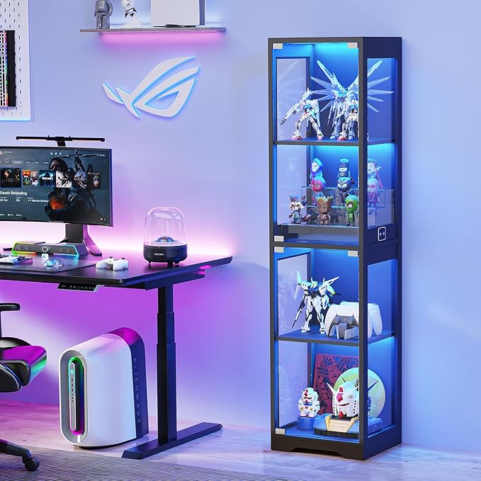 Glass Display Cabinet, 4-Tier Curio Cabinets with 3 Color Lights for Collectibles, Storage Cabinet with Door, Glass Display Case & Bookcase with Human Body Sensor, Black