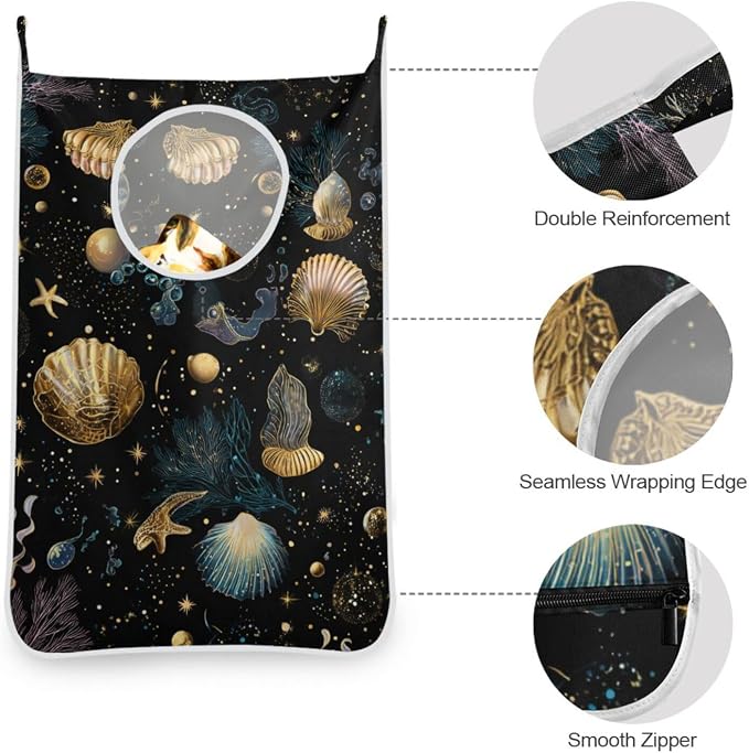 Shell Starfish Black Hanging Laundry Hamper Door Hampers Bag Basket - Image 5