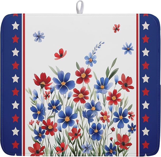 4th of July Dish Drying Mats for Kitchen Counter Patriotic Star Microfiber by Kawani