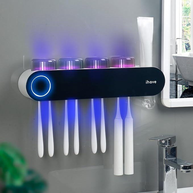 iHave UV Toothbrush Sanitizer Holder Wall Mount Toothpaste Dispenser, 4-Cup | by ihave