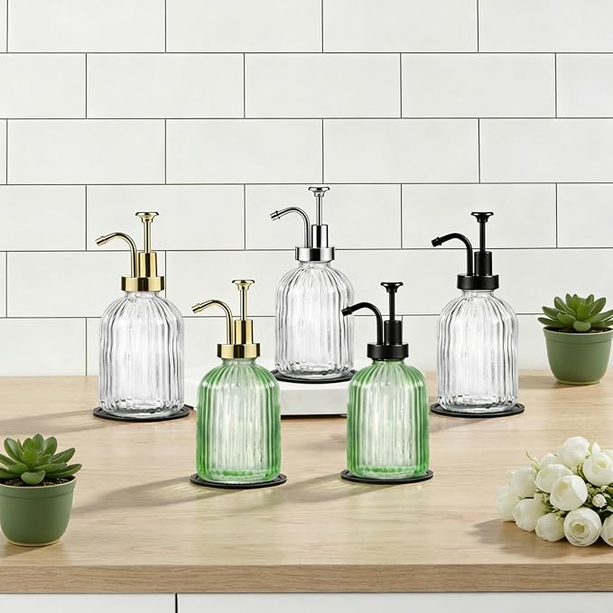 SheeChung 12oz Green Glass Liquid Soap Dispenser, 2 Pack | Elegant Hand Soap - Image 7