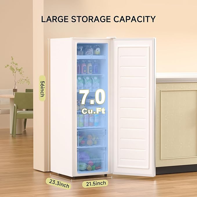 BANGSON Upright Freezer,7.0 Cu.ft Stand Up Freezer,Convertible Upright Freezer/Refrigerator,Single Door for Kitchen,Office,Apartment,White