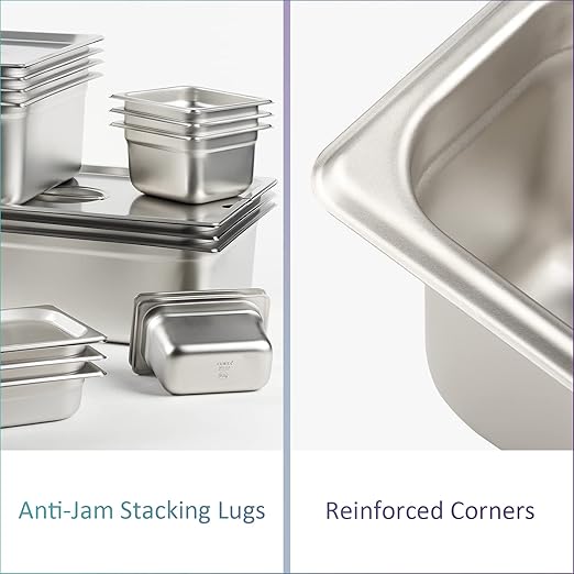 CURTA 6 Pack Anti-Jam Hotel Pans, 1/6 Size 4 Inch Deep, NSF Commercial 18/8 Stainless Steel Chafing Steam Table Pan, Catering Storage Metal Food Pan