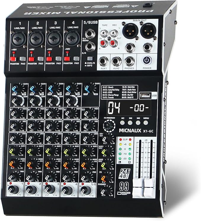Audio Mixer 6 Channel Professional Sound Mixer Console with 99 DSP Effects, Mixing Board DJ Mixer w/USB, Bluetooth, 48V Power Supply, PAD Button for Recording Karaoke PA Drum Live Music