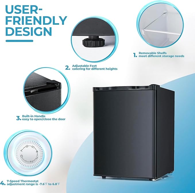 2.1 Cu.ft Small Freezer, Mini Upright Freezer with 7 Adjustable Thermostat, Removable Shelves, Reversible Single Door, for Bedroom/Home/Dorms/Apartment (Black)