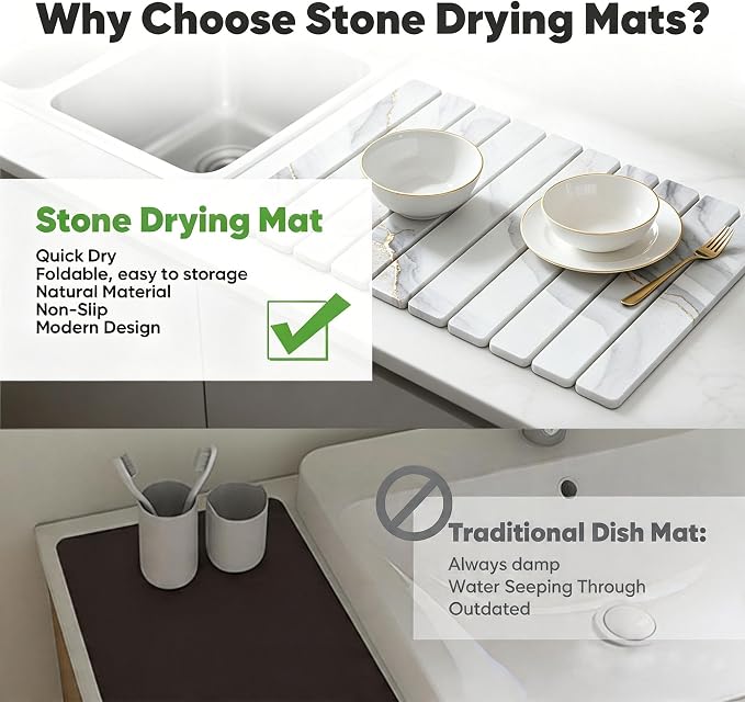 Stone Drying Mat for Kitchen Counter, Quick Diatomaceous Earth Mats for Dishes - Image 6