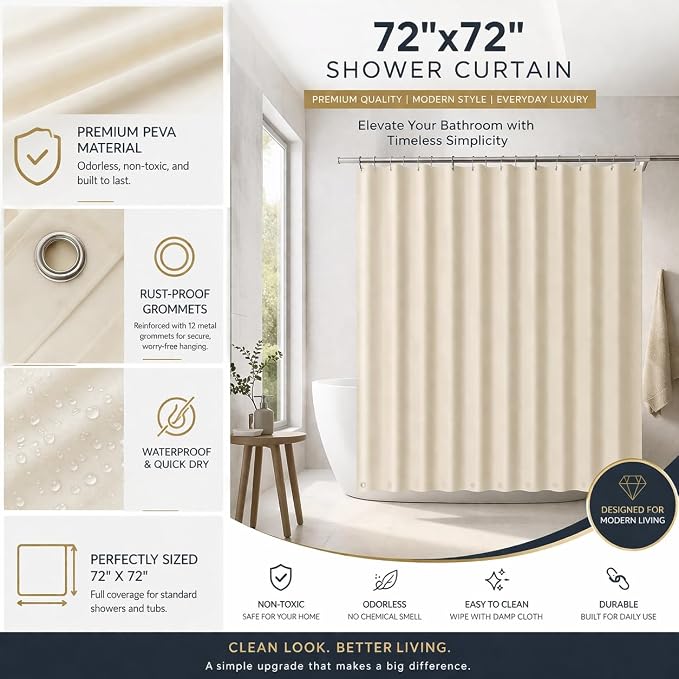 EHZNZIE Beige Shower Curtain Liner 72x72, PEVA Waterproof Bath Curtain - Image 2