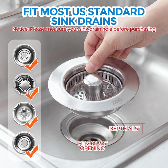 ZAA 3-in-1 Kitchen Sink Drain Strainer, 304 Stainless Steel Sink Stopper - Image 7