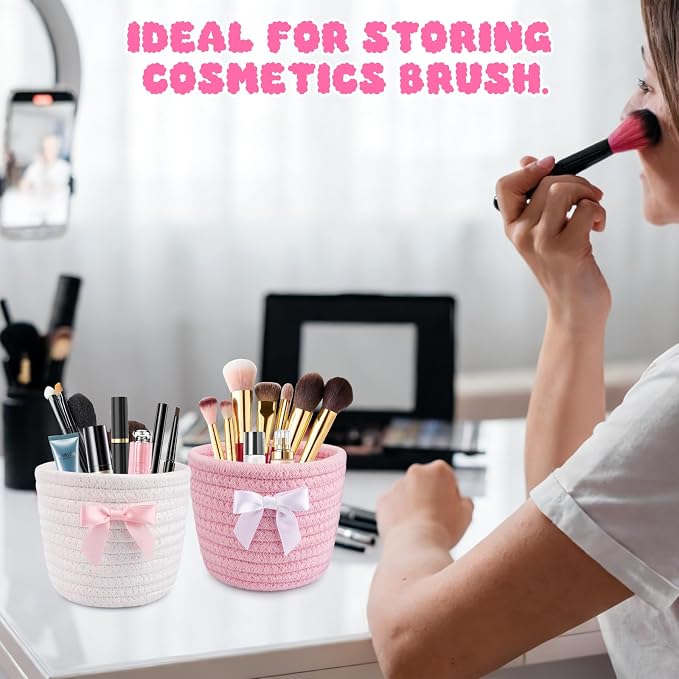 2 Pack Bow Makeup Brush Holder- Mini Woven Cotton Rope Small Oval Basket - Image 6