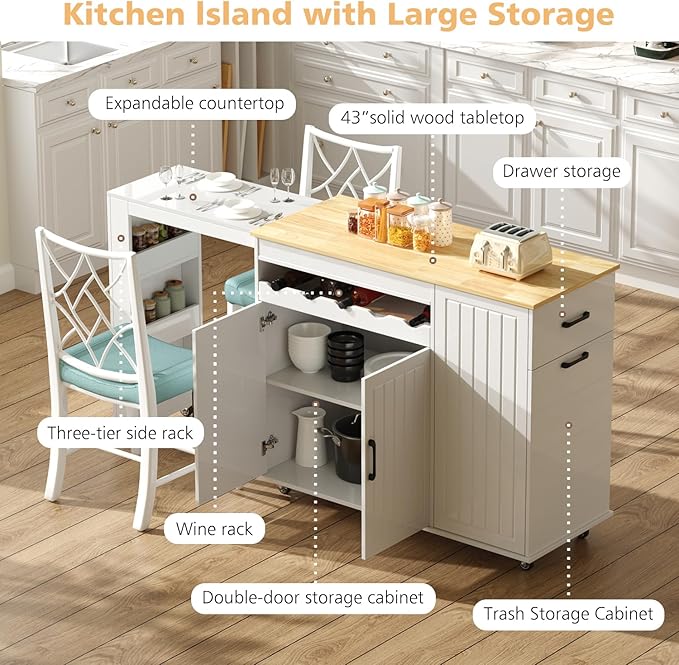 Modern Rolling Kitchen Islands with Extendable Dining Table, Hidden Trash Can Storage, Mobile Island Cart on Wheels with Storage for 2,Rubberwood Top,Storage Cabinet, Drawers & Wine rack,White