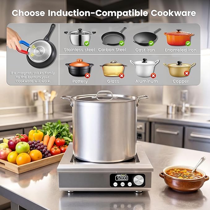 5000W Commercial Induction Cooktop, NESTIQEX 208V 3-Phase Large Induction Burner with 20 Power & Temp Levels, 9.25" Large Coil, 24h Timer, Pro Electric Countertop Burners for Restaurant