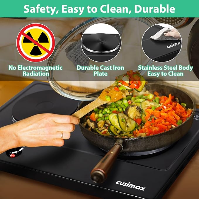 CUSIMAX Hot Plate, 1800W Electric Burner Double Hot Plate for Cooking Countertop Burner with Adjustable Temperature Control, Portable Electric Cast Iron Hot Plates Cooktop, Easy to Clean, Black
