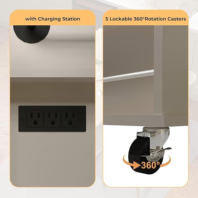 47.2 in Mobile Kitchen Island with Drop Leaf Countertop, Charging Station & Ample Storage, Rolling Kitchen Cart on Wheels with Pull-Out Shelves, Drawers, Spice Rack & Organizer Divider (Gray-1)