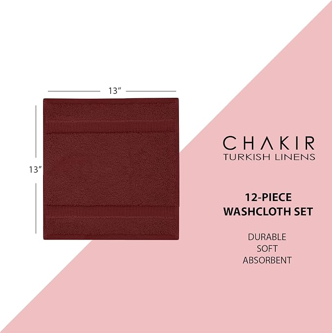 Chakir Turkish Linens 100% Cotton 12-Pack Washcloths 13x13, Cranberry | Premium - Image 5