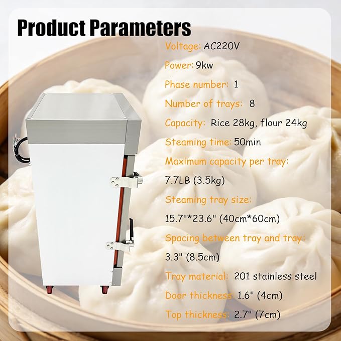 220V 3PH Commercial Intelligent Electric Steaming Cabinet 8 Tray Rice Steaming Box 9KW for Canteens Restaurants Learning Catering Factories Hotels