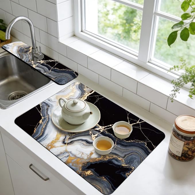 3 Pcs 2 Size Kitchen Sink Splash Guard Faucet Mat Blue and White Floral Pattern - Image 5