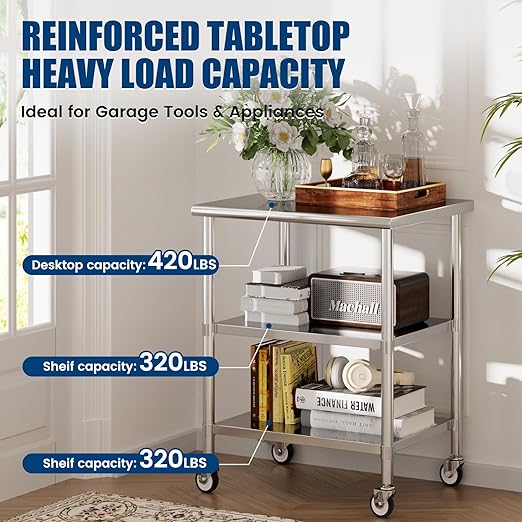 Stainless Steel Work Table with Wheels, 24x30 Inch NSF Kitchen Prep Table with 2 Adjustable Undershelves for Commercial Restaurant, Garage, Outdoor BBQ