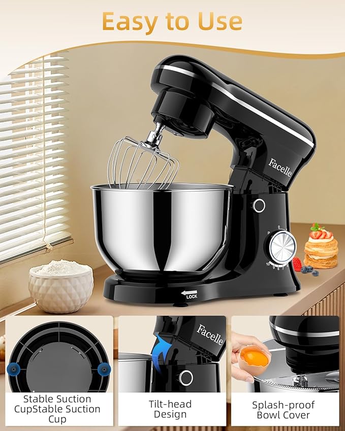 Tilt-Head Stand Mixer, 5QT+6QT Stainless Steel Two Bowls, 10 Speeds Kitchen Electric Food Mixer with Egg Whisk, Dough Hook, Beater, Dishwasher-Safe Attachment, Ideal Gift for Mom (Black)