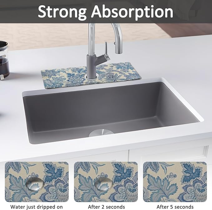 15" X 5.5" Kitchen Sink Splash Guard Faucet Mat Floral Super Absorbent Fast - Image 3