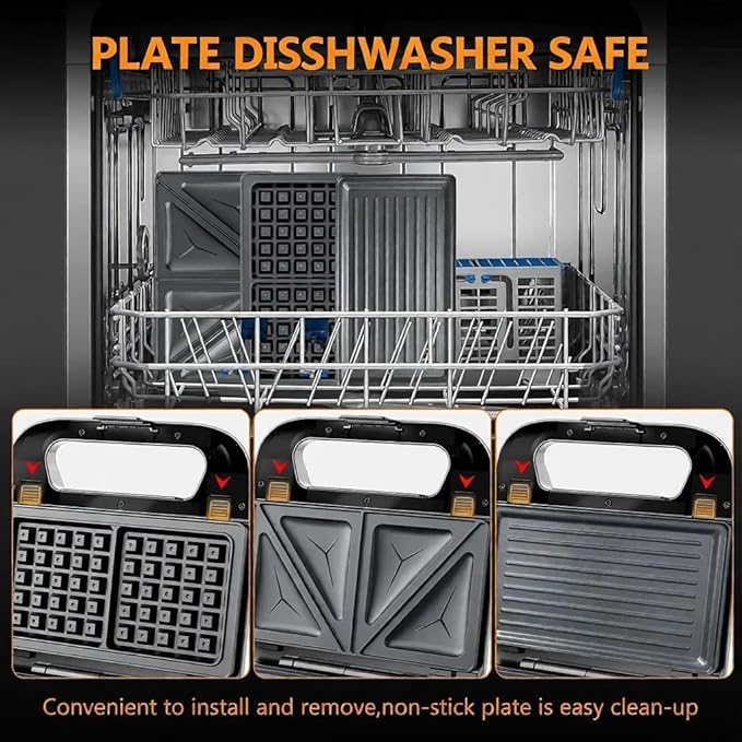 3 in 1 Sandwich Maker & Waffle Maker, Removable Non-Stick Plates, Panini Press, Grilled Cheese Maker, Cool-Touch Handle, LED Light, Easy Clean, 750W, for Home Kitchen Breakfast