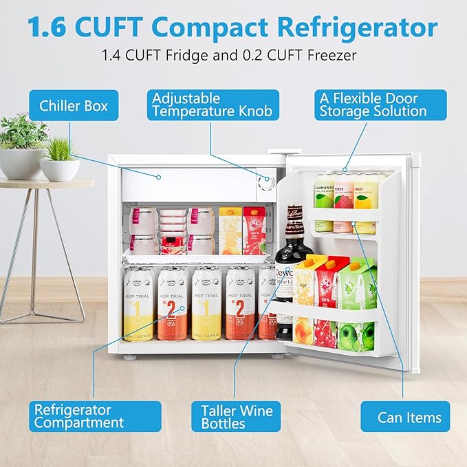 1.6 Cu.ft Mini Fridge with Freezer, Compact Single Reversible Door Refrigerator, Adjustable Thermostat, Ultra Quiet, Energy Efficient for Office, Dorm, Bedroom, Apartment -White